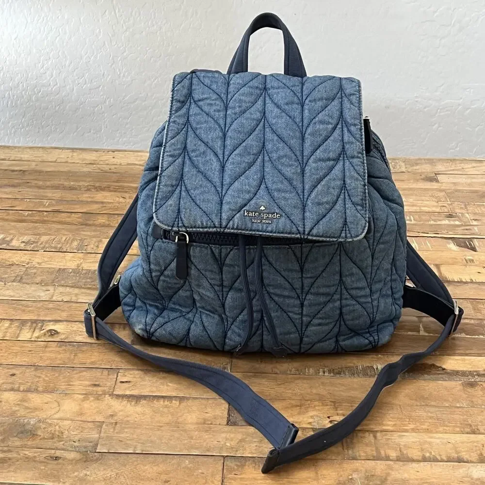 Kate Spade Ellie Large Flap Drawstring Backpack 13.5 in Tall Quilted Denim